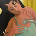 Painting of a woman leaning next to a faucet with a spider dangling from it