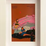 Painting on a cream paint chip of a woman in a dress laying on her back in white frame