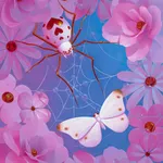 painting of a white butterfly caught in a white spiders web, surrounded by various pink flowers by Megan Ellen MacDonald