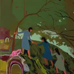 Painting of three women in dresses holding hands climbing a hill in a green forest