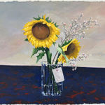 Painting of two flowers in a glass vase