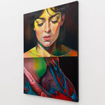 Painting of a woman in two panels one showing her face with her eyes closed, the other a side profile of her exposed breast