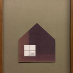 Framed drawing of a house silhouette with a window showing a person sleeping in a bed