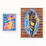 Diptych painting of pink hands holding a lemon and squeezing out the juice on one side and a whole fish on a blue plate covered in chopsticks and lemons on the other.