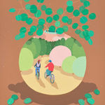 a vase with a plant poking out and a scene of two people riding bikes on it on a brownish orange background