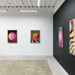 Install image of "Cosmic Bloom." From left to right, Rachel Strum's SLICE sculptures, "MOONSAFARI," "LIGHTFIZZ," "WAVEFORMPORTAL," "BLACKHOLEGLOW."