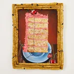 N Dyer painting of a tall slice of pink cake in a gold frame, ants crawl from the cack to the outside of the frame