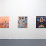Installation photo of artwork on a white wall next to other paintings