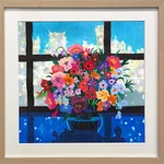 Pastel drawing of rainbow colored flowers in a vase in front of a window