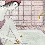 detail image of a woman sitting on the bathtub in a towel cutting her toenails with scissors