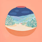 Danym Kwon - painting of a vase with solid pink background. On the vase painted a snow scene in forest, a white house with red roof in the center and in the end of the road, the sky is dark navy.