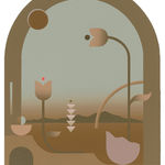 Madeleine Tonzi - Painting of brown and teal shades floating land, sun , and flowers layering on top of each other and passes in and out of the arc frame.