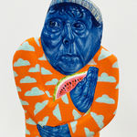 Close up view of the blue face side of the sculpture