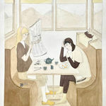 painting of two women sitting at a diner, one eating and one reading a newspaper, Around them are little rats eating or lounging.