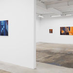 installation view of Adrian Kay Wong's exhibition "Same Time, Same Place," at Hashimoto Contemporary, San Francisco. On the median wall, the painting "Fluorescent," is visible. Beyond the wall the paintings "Backlit," "Waiting," and "Matchbook" are visible.