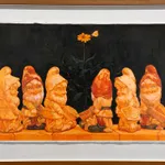 Framed Painting by Rachel Gregor of six gnomes and a yellow flower