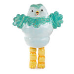 Katie Kimmel's ceramic sculpture of a blue chick with yellow legs