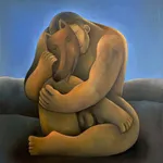 Carlos Rodriguez - painting of a man with a fox mask. He is sitting down with arm around his body almost like in a feeble position. the background is blue.