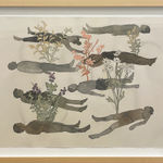 Painting on paper of 6 figures laying down with flowers blooming out of their bodies in wooden frame