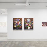 Install image of Sweet Bountiful Life. From left to right is "Still Life with Flowers (49)", "Still Life with Flowers (51)", and "Salt & Chocolates."