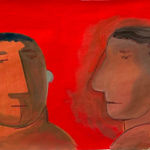 Carlos Rodriguez - painting on paper of two men looking at one another. The background was painted red.