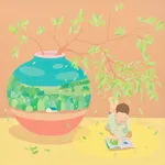 Danym Kwon - painting of a vase with tree branches, on the right a boy reading a book on the floor.