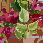 detail of Natalia Juncadella painting of tiles, orchid, oranges on plate and shadows