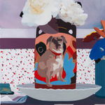 A painting of flowers in a vase with a dog painted on it by Francisco Diaz Scotto