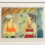 Painting on paper of two women running with a colorful rectangle background in white frame
