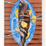 Collage of a whole fish on a blue plate with chopsticks and lemon slices all over it.