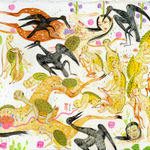 Detail shot of a painting by Mu Pan of creatures, animals and human hybrids eating, sleeping, killing, flying and climbing