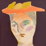 semi-abstracted painting of woman's face / wearing hat