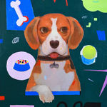 Matthew Kam - acrylic painting of a dog facing straight at the viewer with a green thinking bubble, a bone, and bowl of dog food, a ball, a picture of a smaller dog, and a black around it