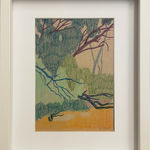 Drawing of blue and purple tree branches surrounded by abstract green leaves in white frame