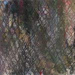 Dark lines create a fence on top of a multicolored, woven background.