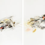 Abstract diptych mixed media piece of two multicolored but predominantly black and yellow layered masses of various thin and thick lines, geometric patterns, paint splotches and watercolor washes. The layered forms are located at the center of their respective paper surrounded by white negative space