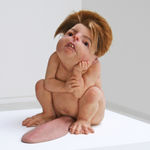 Sculpture of squatting anthropomorphic creature with human skin, webbed feet, rodent-like teeth and voluminous hair. Creature rests its head on its hand and gazes into the distance. From its groin area emerges an oversized, hairy tongue.