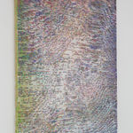 Side view of a multicolored abstract painting with fingerprint-like line work.