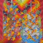 Multicolored gridded background is covered with repeated imagery of trees, yellow eyes, blue birds and blue and yellow scalloped clouds. Black and yellow beast on left gazes towards yellow geometric snake, which is wrapped around tree on right.