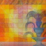 A fountain spouting water on the right side of the canvas, in front of gridded background with yellow, purple, orange and red concentric circles.