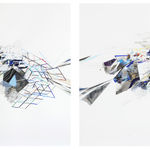 Abstract diptych mixed media piece of two multicolored but predominantly black and blue layered masses of various thin and thick lines, geometric patterns, paint splotches and watercolor washes. The layered forms are located at the center of their respective paper surrounded by white negative space