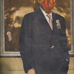 Heavyset white man in black suit and pink tie holds large ornate key in foreground with wood panel and sepia-toned artwork in background. Man's face is obscured by abstract red image cut in shape of mask