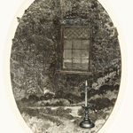 Vertical, elliptical greyscale image of the exterior window of a building surrounded by flora with a candle in its holder in the foreground