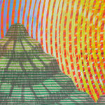 Detail; a grey-green striped mountain in front of radiating neon circles with a quilt-like texture.