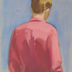 Blonde boy in red shirt with hand in pocket faces away from viewer in front of blue and exposed canvas background. His legs are cropped out of the composition.