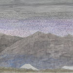Detail of cliff with purple sky that has words written into it.
