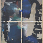 View of the back of the canvas, showing multiple colors of paint spread unevenly, with artist signature, year, and piece title.
