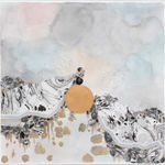 Mixed media landscape with black and white marbled mountains At the bottom center of the piece a gold metallic moon is held in between two mountains Two slouching bare birch trees grow on top of the mountain against a light pink yellow blue and gray watercolor washed sky