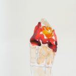 Abstract watercolor sketch in shades of tan, dark red and orange that is outlined in loose pencil.