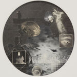 A greyscale and sepia-tone tondo collage on beige mount.